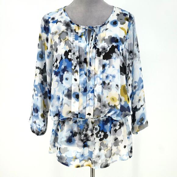 Ellen Tracy Top Womens Large White Blue Floral Chiffon Blouse Tie Neck Whimsy - Picture 1 of 13